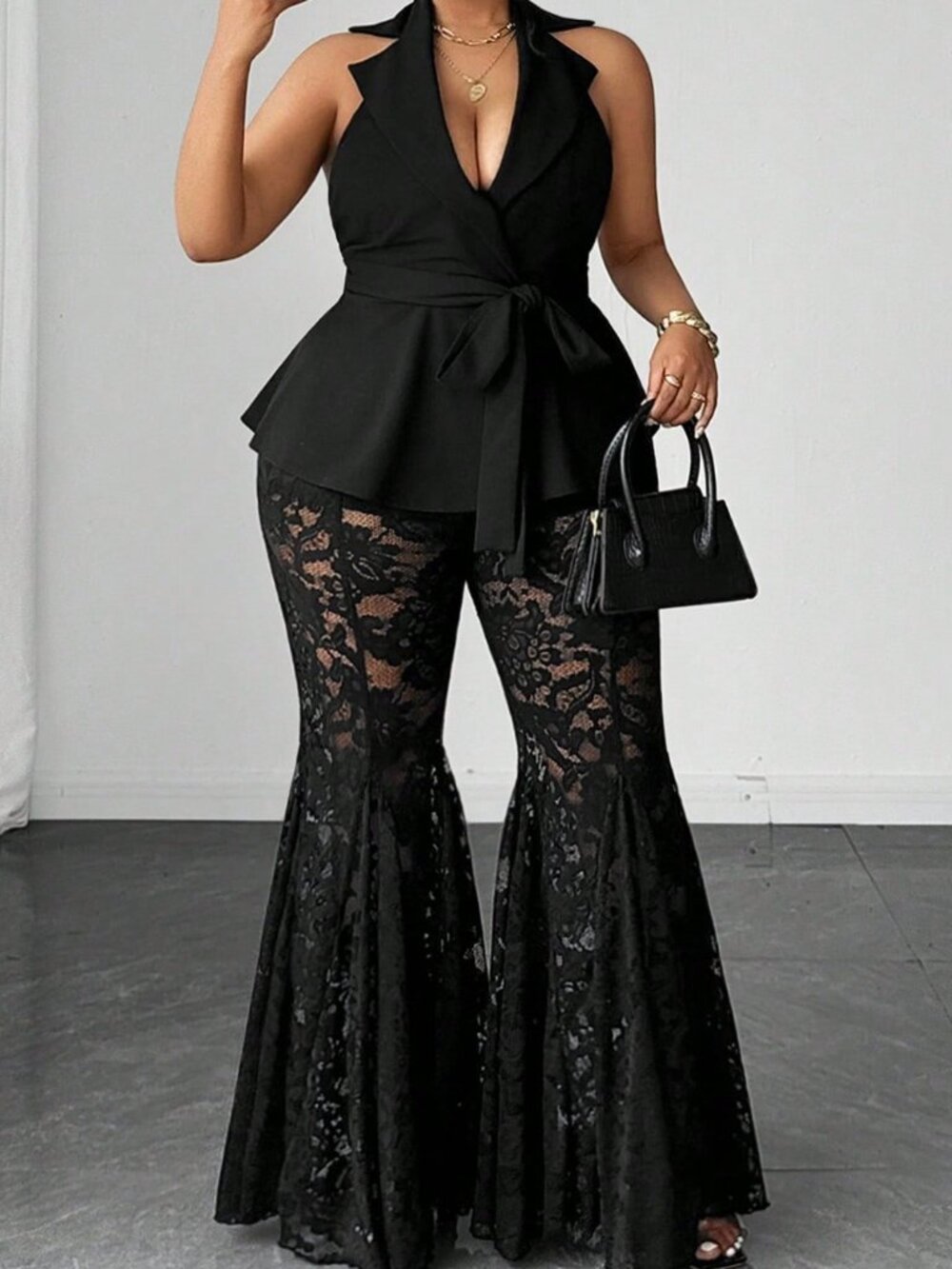 Black Elegant Women's Plus Size Blazer & Lace Flare Pants